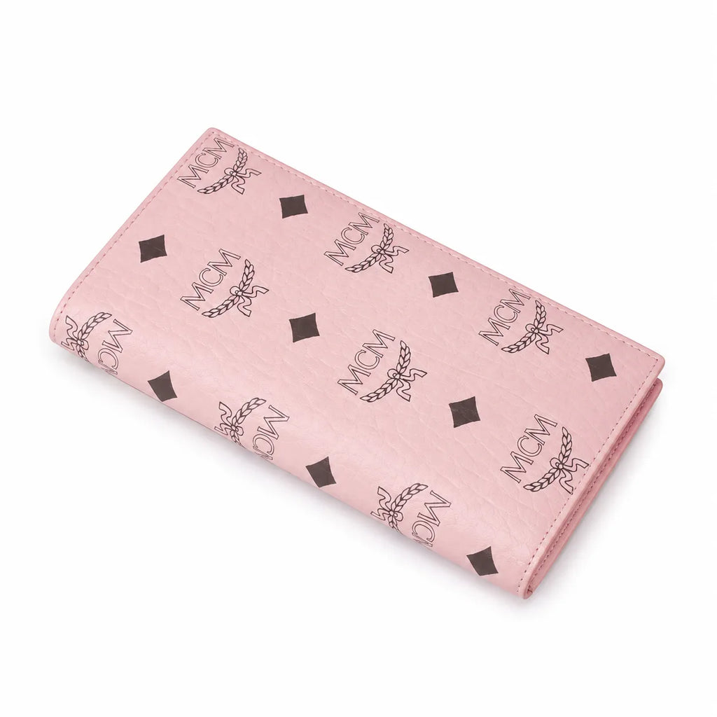 MCM Visetos Classic Trifold Long Wallet | Flap Leather Wallet in Pink — Designer Monogram Purse & Card Organizer for Women