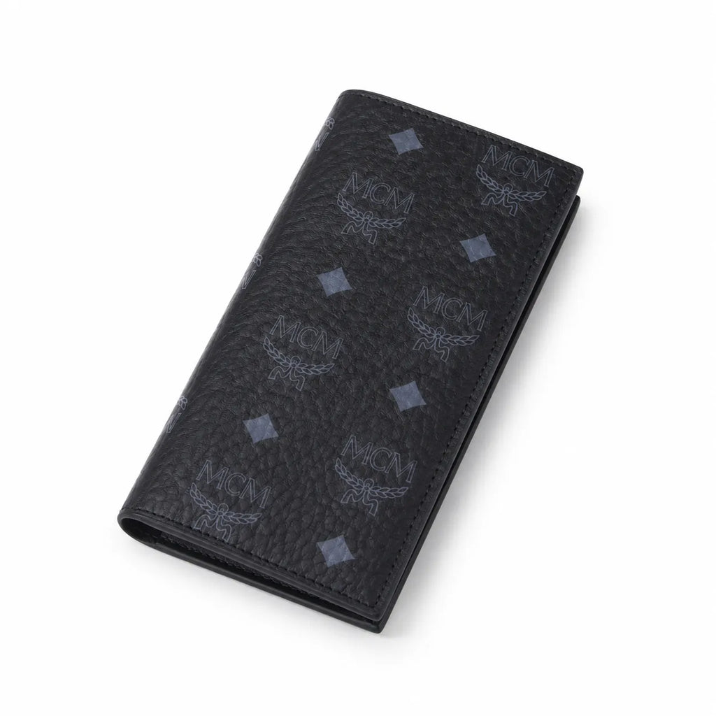 MCM Visetos Classic Trifold Long Wallet | Flap Leather Wallet in Black — Designer Monogram Purse & Card Organizer for Women