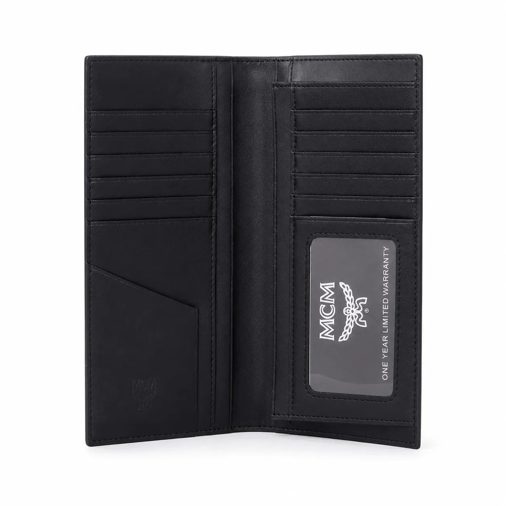 MCM Visetos Classic Trifold Long Wallet | Flap Leather Wallet in Black — Designer Monogram Purse & Card Organizer for Women