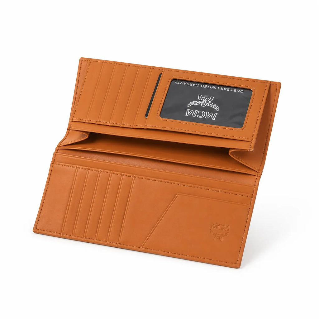 MCM Visetos Classic Trifold Long Wallet | Flap Leather Wallet in Cognac — Designer Monogram Purse & Card Organizer for Women
