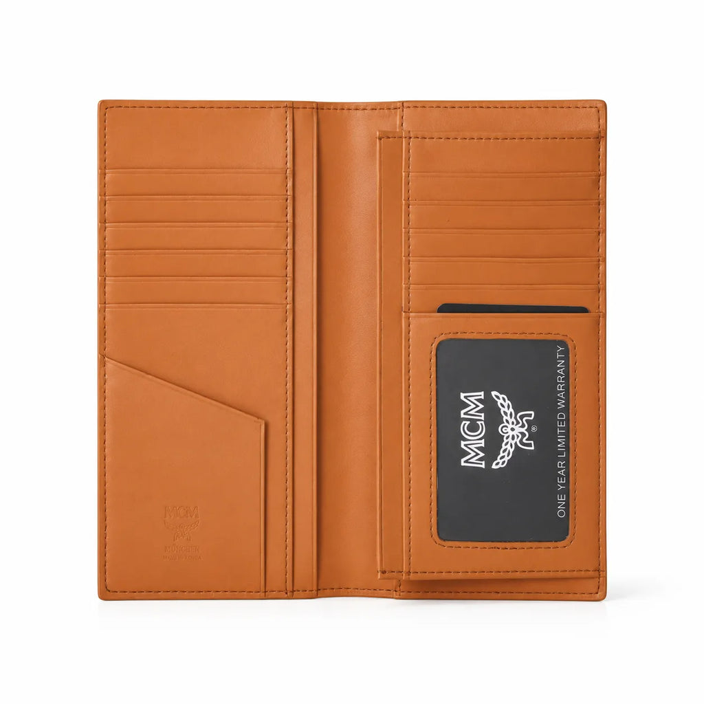 MCM Visetos Classic Trifold Long Wallet | Flap Leather Wallet in Cognac — Designer Monogram Purse & Card Organizer for Women