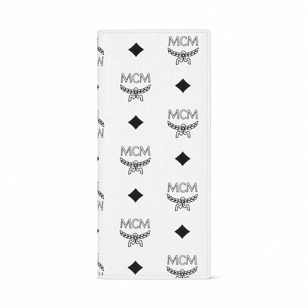 MCM Visetos Classic Trifold Long Wallet | Flap Leather Wallet in White — Designer Monogram Purse & Card Organizer for Women