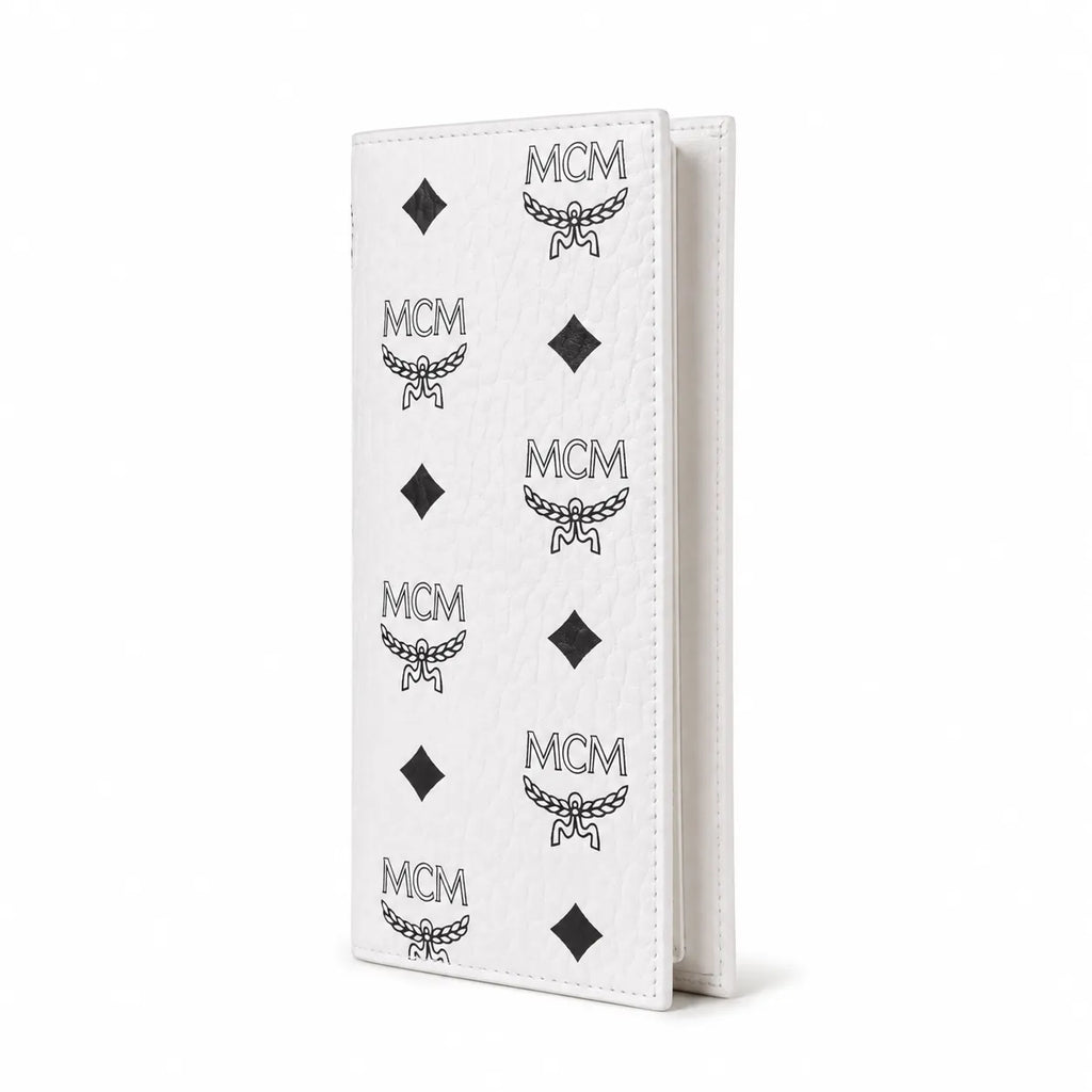MCM Visetos Classic Trifold Long Wallet | Flap Leather Wallet in White — Designer Monogram Purse & Card Organizer for Women