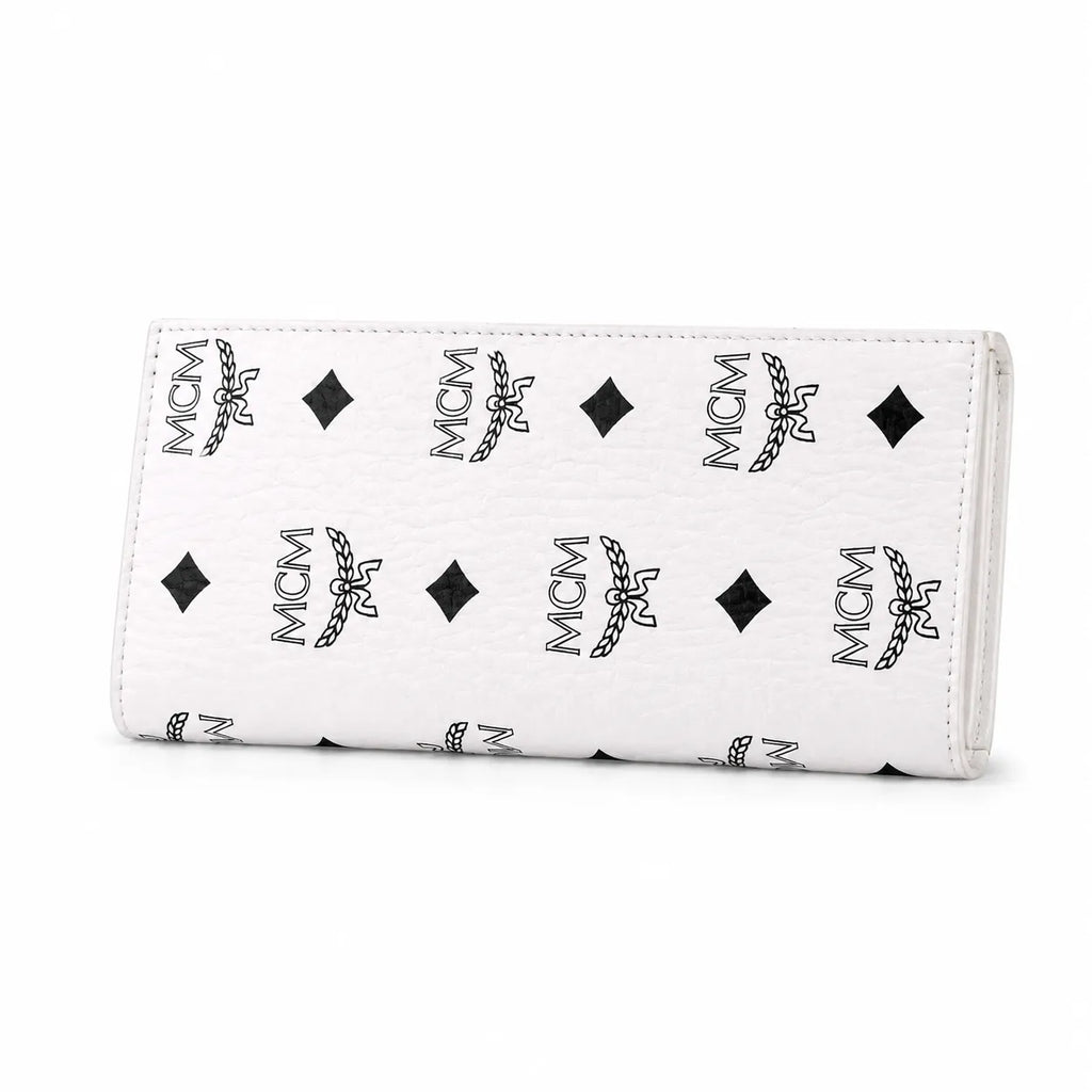 MCM Visetos Classic Trifold Long Wallet | Flap Leather Wallet in White — Designer Monogram Purse & Card Organizer for Women