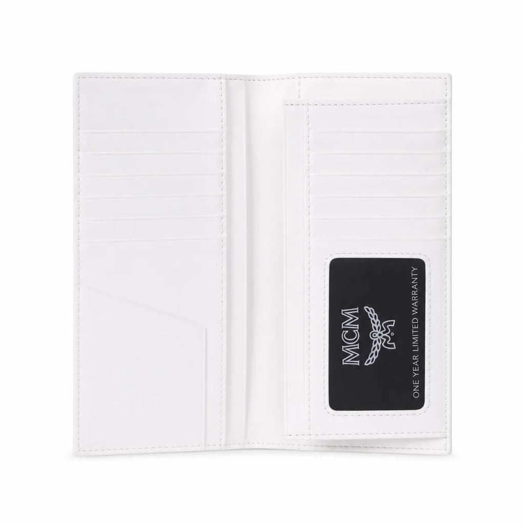 MCM Visetos Classic Trifold Long Wallet | Flap Leather Wallet in White — Designer Monogram Purse & Card Organizer for Women