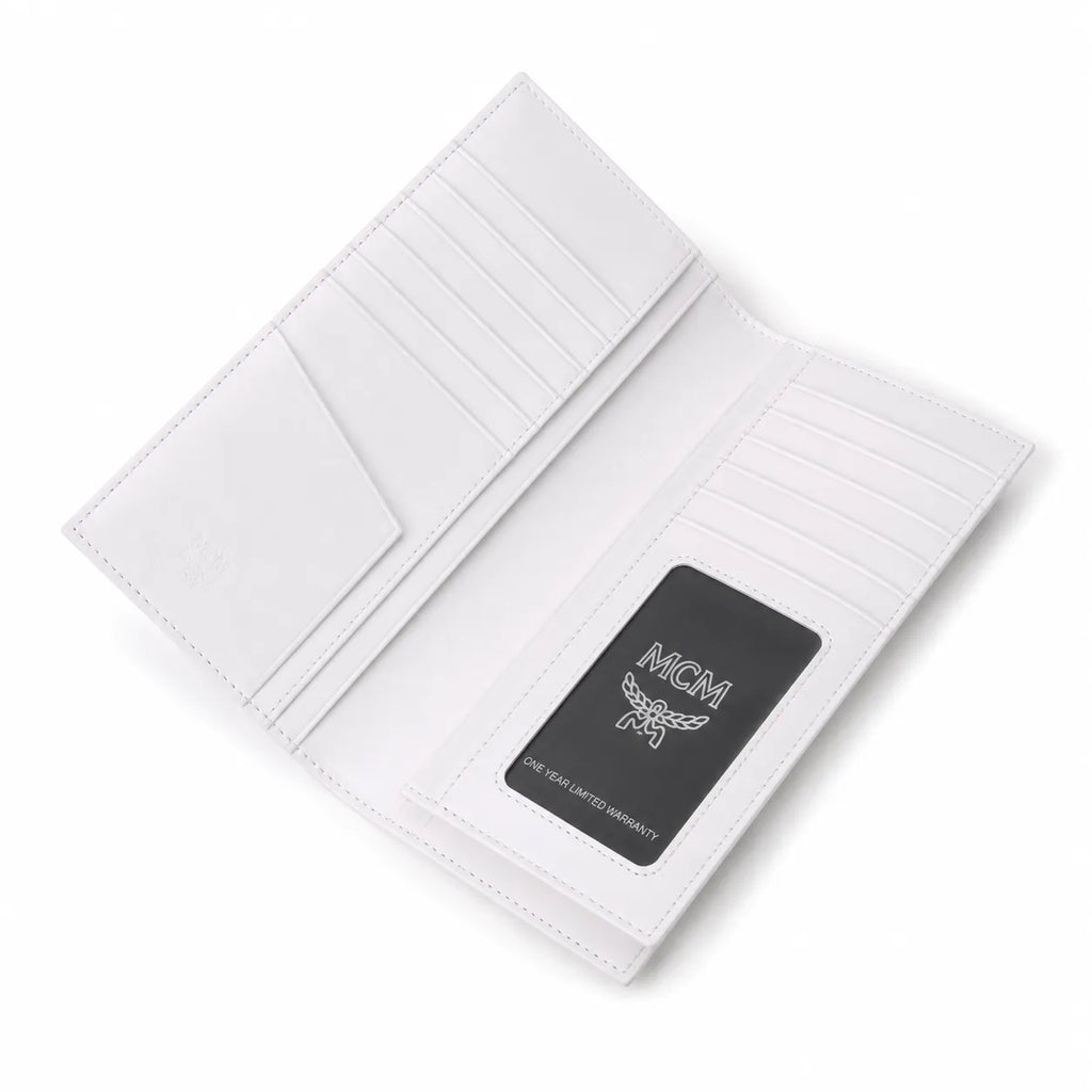 MCM Visetos Classic Trifold Long Wallet | Flap Leather Wallet in White — Designer Monogram Purse & Card Organizer for Women