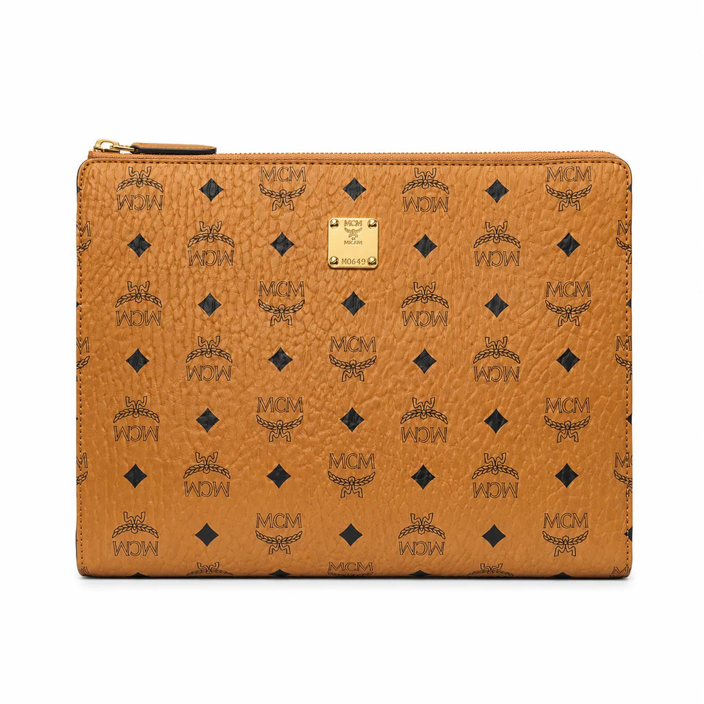 MCM Visetos Classic Large Zip Pouch | A4 Flat Clutch Bag in Cognac — Designer Monogram Makeup Pouch & Travel Organizer for Women