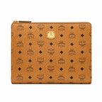 MCM Visetos Classic Large Zip Pouch | A4 Flat Clutch Bag in Cognac — Designer Monogram Makeup Pouch & Travel Organizer for Women