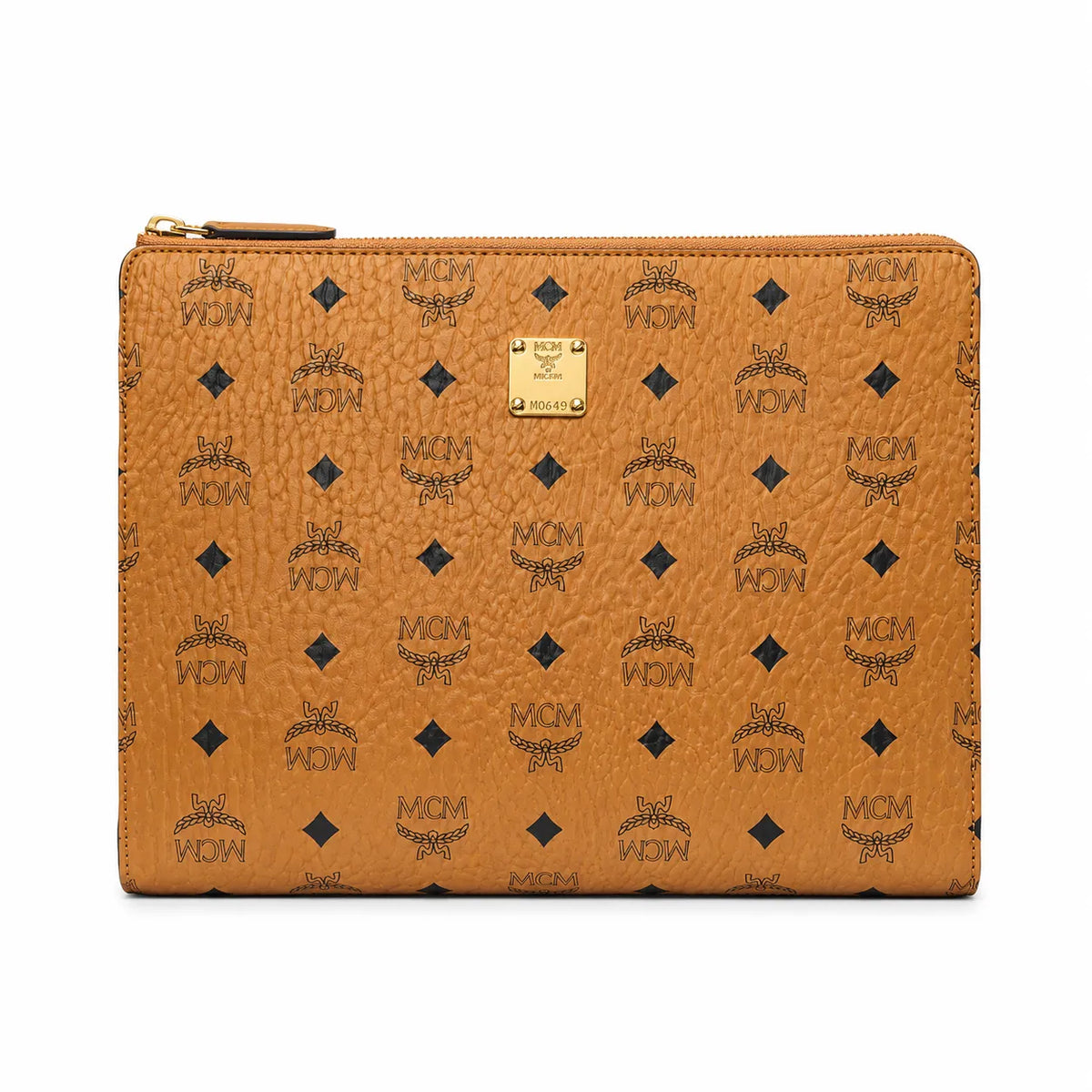 MCM Visetos Classic Large Zip Pouch | A4 Flat Clutch Bag in Cognac — Designer Monogram Makeup Pouch & Travel Organizer for Women