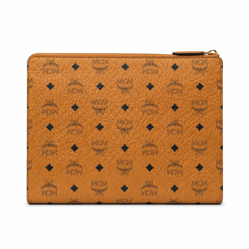 MCM Visetos Classic Large Zip Pouch | A4 Flat Clutch Bag in Cognac — Designer Monogram Makeup Pouch & Travel Organizer for Women