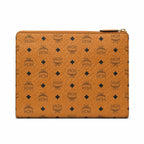 MCM Visetos Classic Large Zip Pouch | A4 Flat Clutch Bag in Cognac — Designer Monogram Makeup Pouch & Travel Organizer for Women