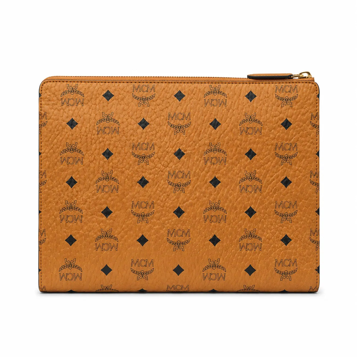 MCM Visetos Classic Large Zip Pouch | A4 Flat Clutch Bag in Cognac — Designer Monogram Makeup Pouch & Travel Organizer for Women