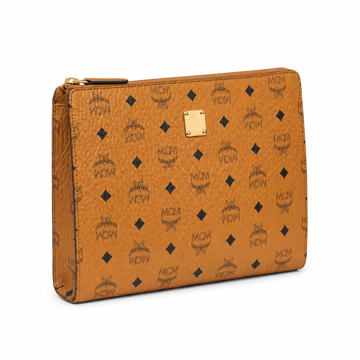 MCM Visetos Classic Large Zip Pouch | A4 Flat Clutch Bag in Cognac — Designer Monogram Makeup Pouch & Travel Organizer for Women