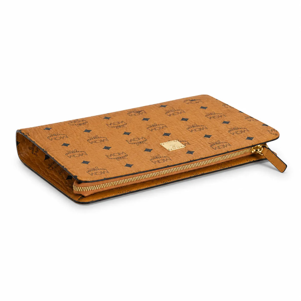 MCM Visetos Classic Large Zip Pouch | A4 Flat Clutch Bag in Cognac — Designer Monogram Makeup Pouch & Travel Organizer for Women