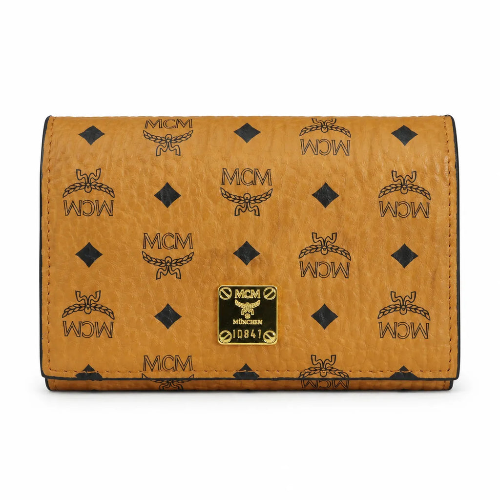MCM Visetos Classic Bifold Wallet | Small Leather Flap Purse in Cognac — Designer Monogram Short Wallet & Card Organizer for Women