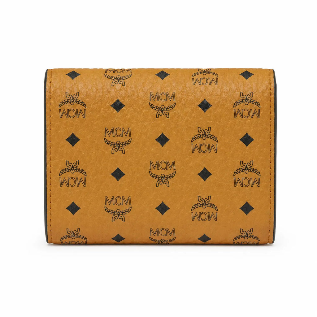 MCM Visetos Classic Bifold Wallet | Small Leather Flap Purse in Cognac — Designer Monogram Short Wallet & Card Organizer for Women
