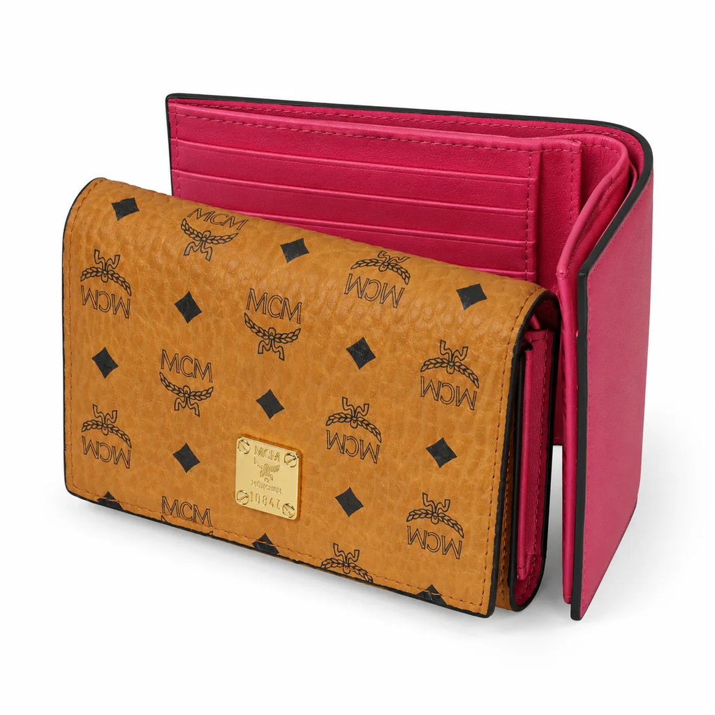MCM Visetos Classic Bifold Wallet | Small Leather Flap Purse in Cognac — Designer Monogram Short Wallet & Card Organizer for Women
