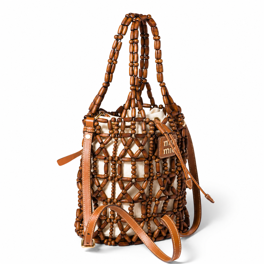 Miu Miu Summer 2026 Woven Wooden Bead Bucket Bag
