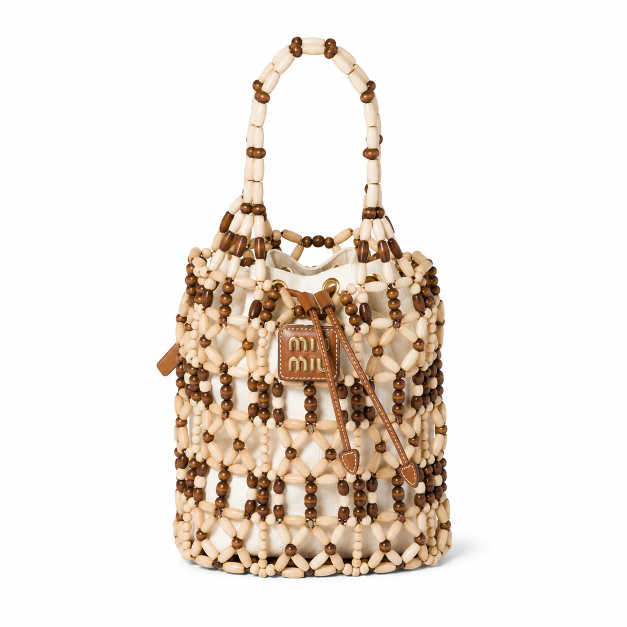 Miu Miu Summer 2026 Woven Wooden Bead Bucket Bag