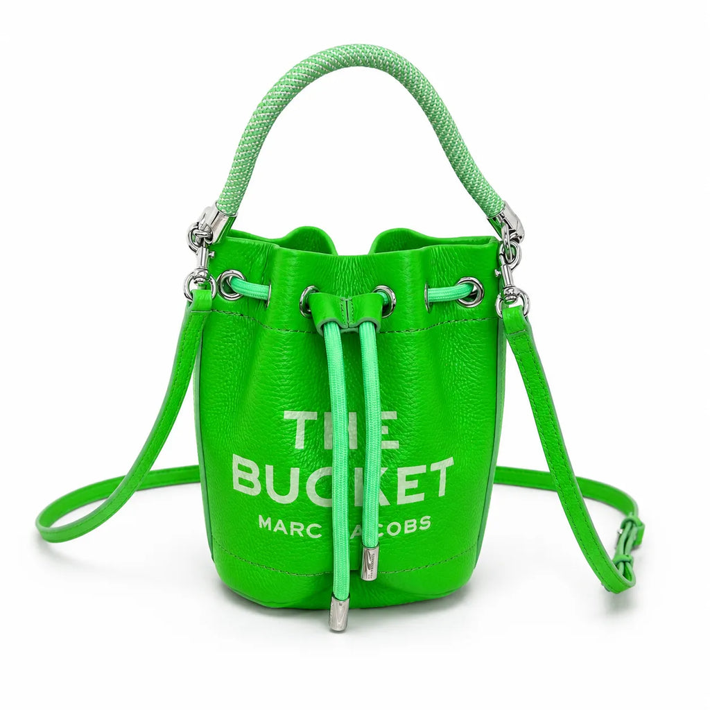 Marc Jacobs The Bucket Mini Neon Green Pebble Leather Drawstring Crossbody Bag with Embossed Logo