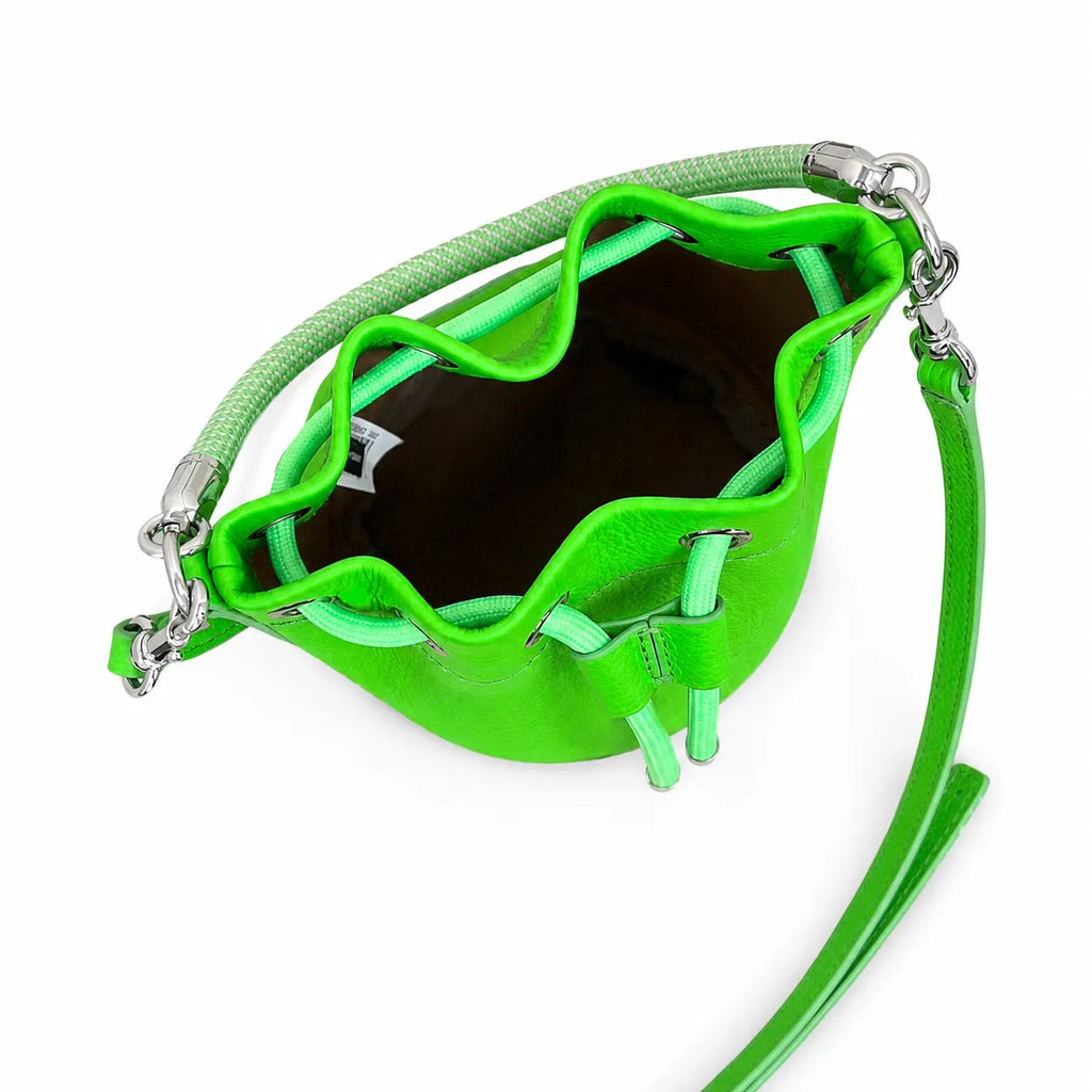 Marc Jacobs The Bucket Mini Neon Green Pebble Leather Drawstring Crossbody Bag with Embossed Logo