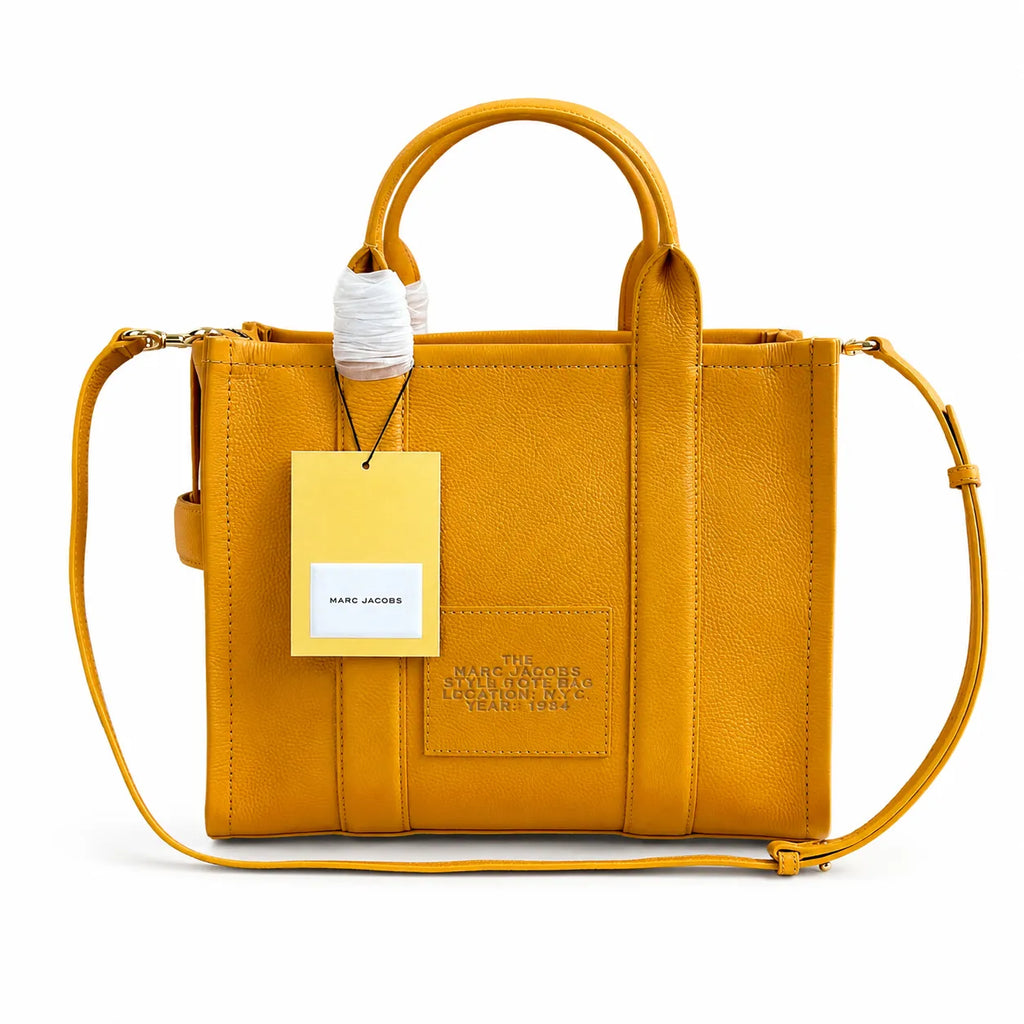 Marc Jacobs The Tote Bag Small Mustard Yellow Pebbled Leather Tote Bag with Adjustable Crossbody Strap