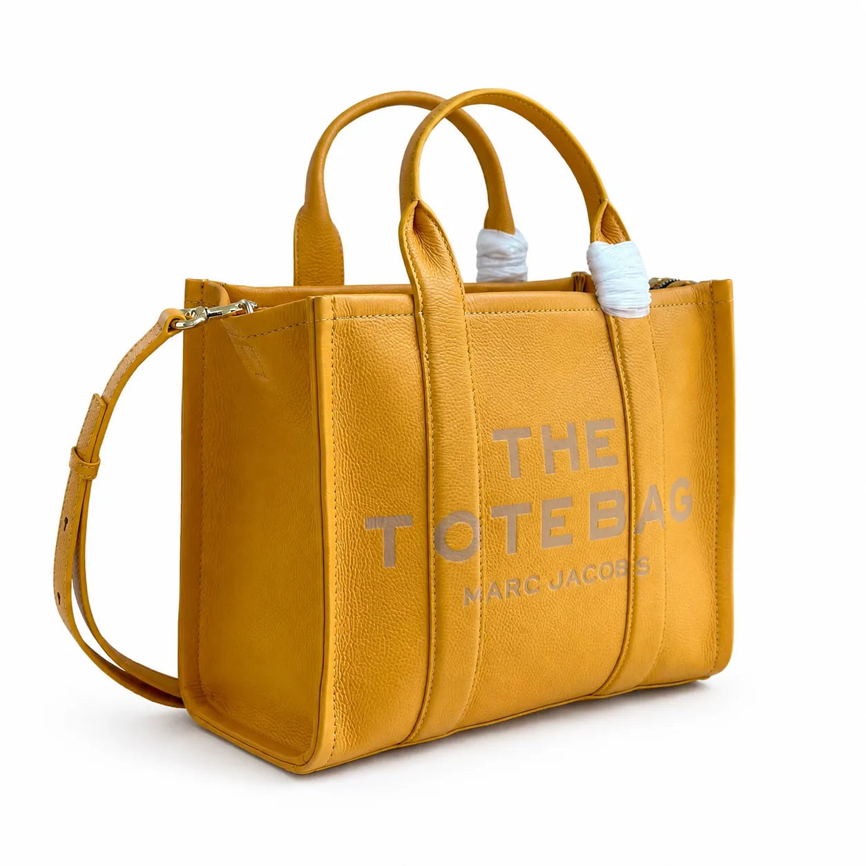 Marc Jacobs The Tote Bag Small Mustard Yellow Pebbled Leather Tote Bag with Adjustable Crossbody Strap