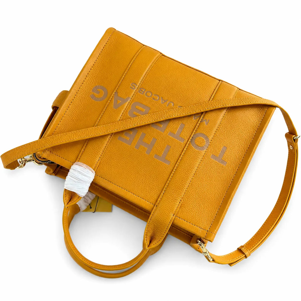 Marc Jacobs The Tote Bag Small Mustard Yellow Pebbled Leather Tote Bag with Adjustable Crossbody Strap