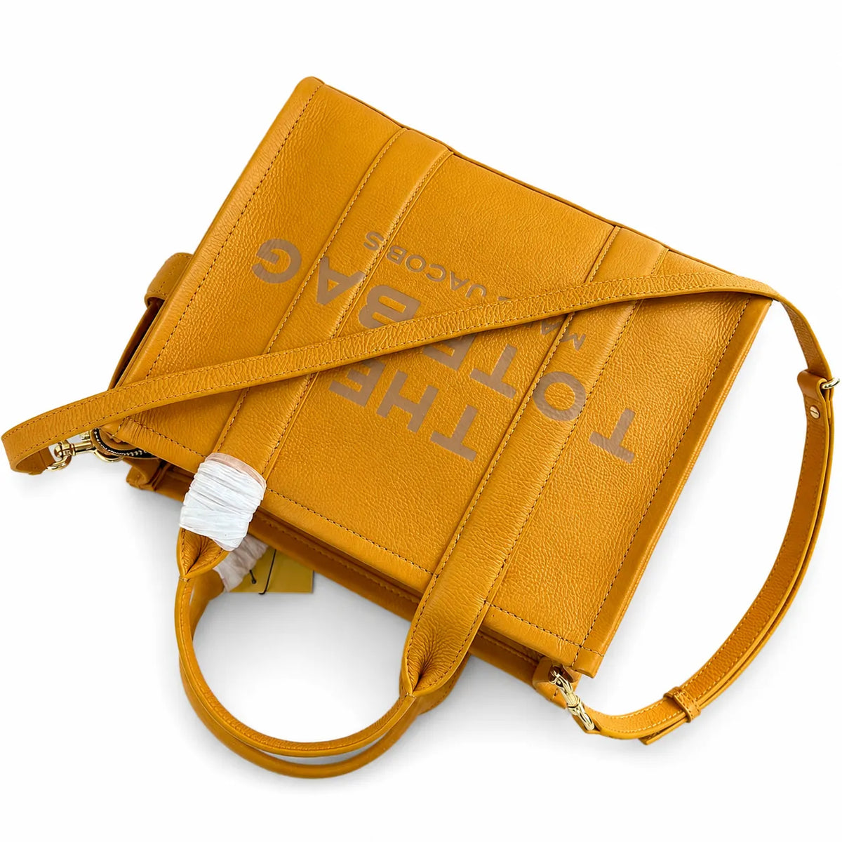 Marc Jacobs The Tote Bag Small Mustard Yellow Pebbled Leather Tote Bag with Adjustable Crossbody Strap