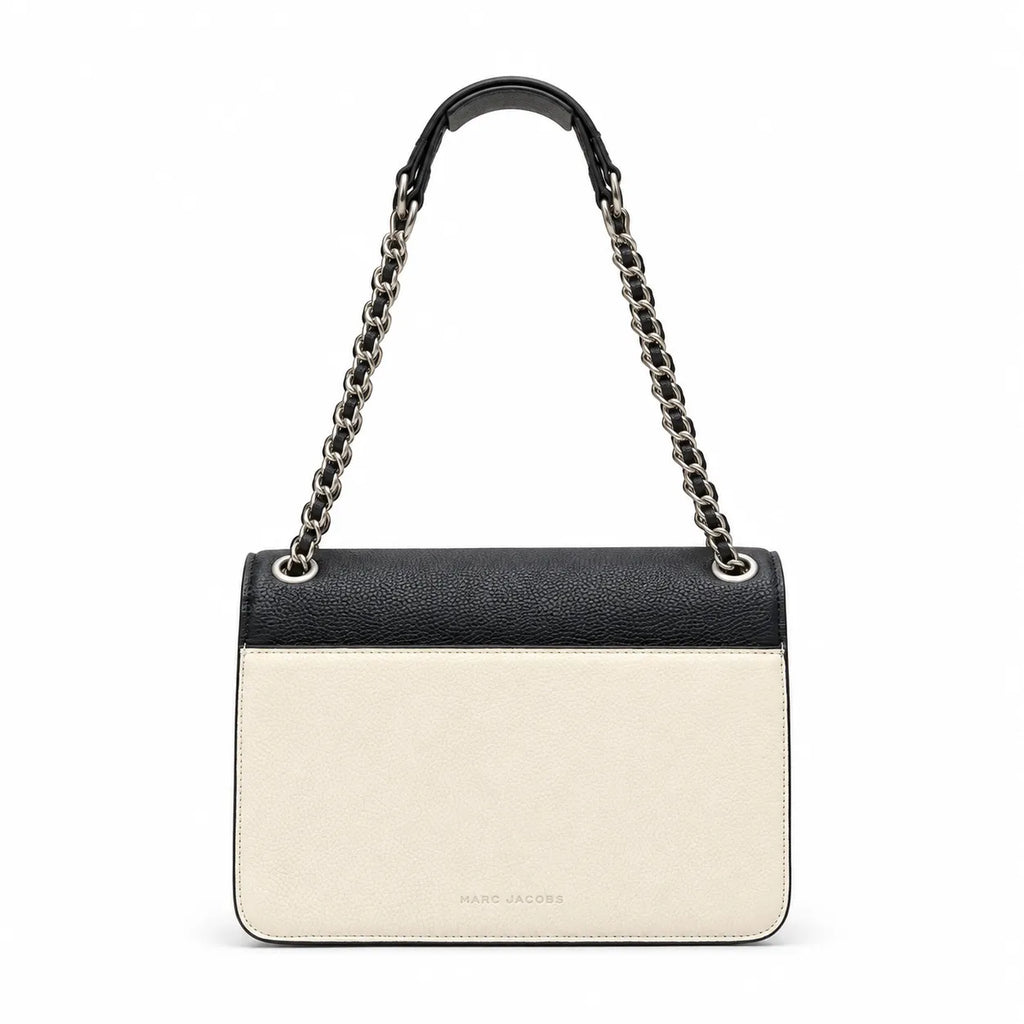 Marc Jacobs The J Marc Shoulder Bag Black & Cream Pebble Leather Chain Strap Crossbody Bag with Silver Lock