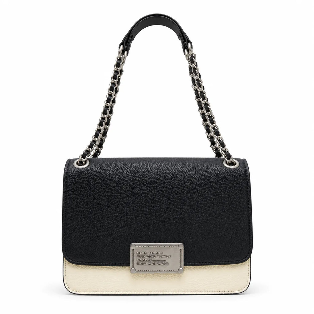 Marc Jacobs The J Marc Shoulder Bag Black & Cream Pebble Leather Chain Strap Crossbody Bag with Silver Lock