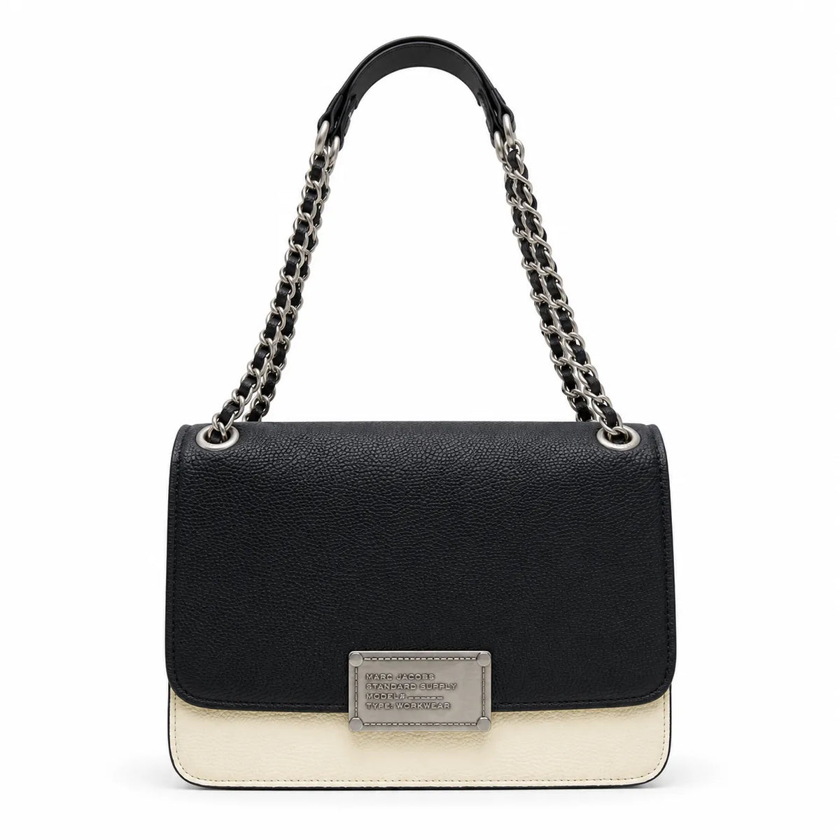 Marc Jacobs The J Marc Shoulder Bag Black & Cream Pebble Leather Chain Strap Crossbody Bag with Silver Lock