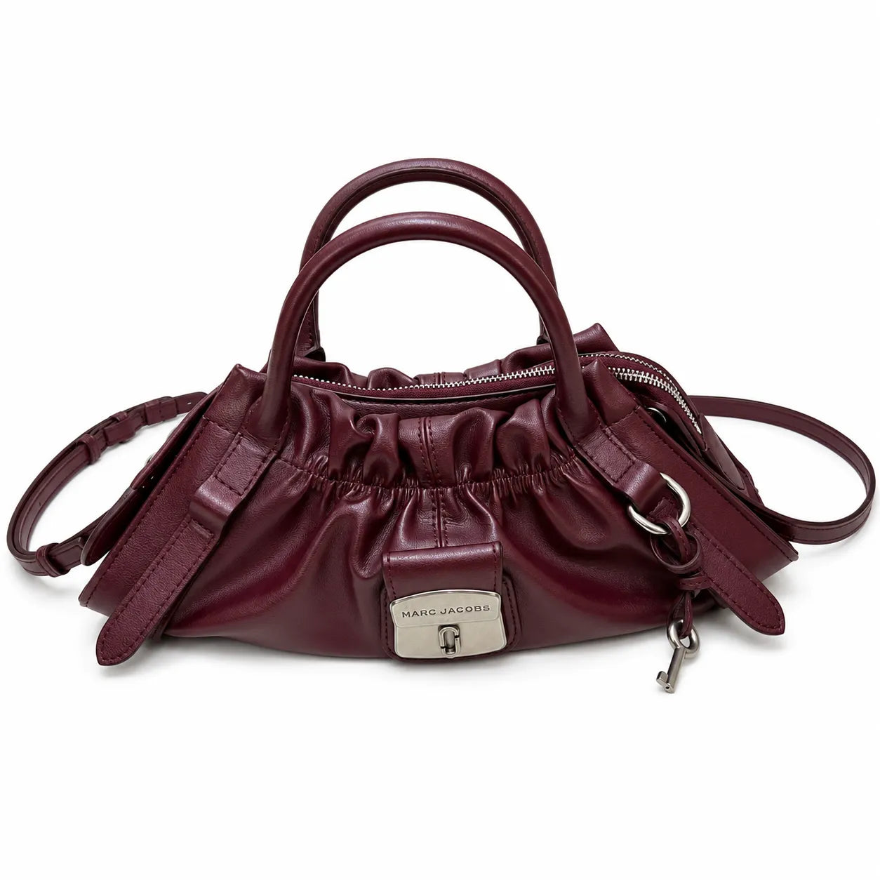 Marc Jacobs The Cristina Bag Burgundy Soft Leather Ruched Top-Handle Crossbody Bag with Silver Lock