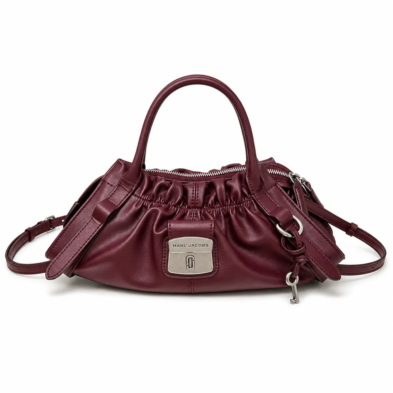 Marc Jacobs The Cristina Bag Burgundy Soft Leather Ruched Top-Handle Crossbody Bag with Silver Lock
