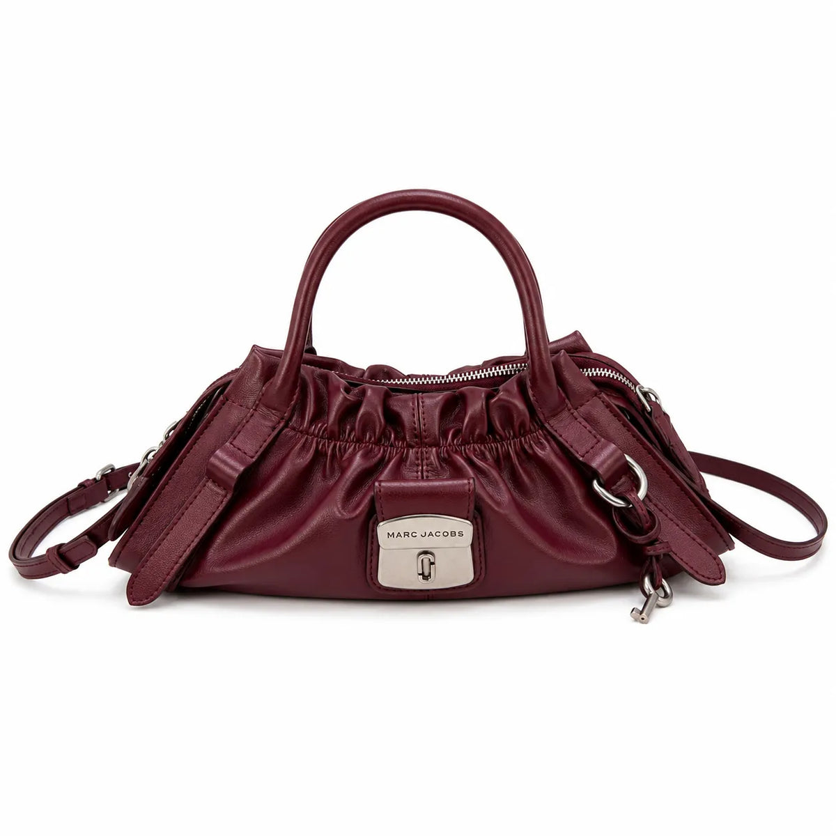 Marc Jacobs The Cristina Bag Burgundy Soft Leather Ruched Top-Handle Crossbody Bag with Silver Lock