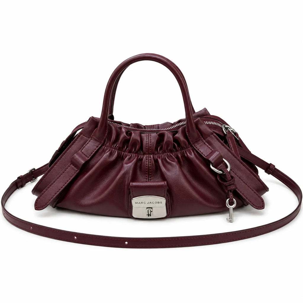Marc Jacobs The Cristina Bag Burgundy Soft Leather Ruched Top-Handle Crossbody Bag with Silver Lock
