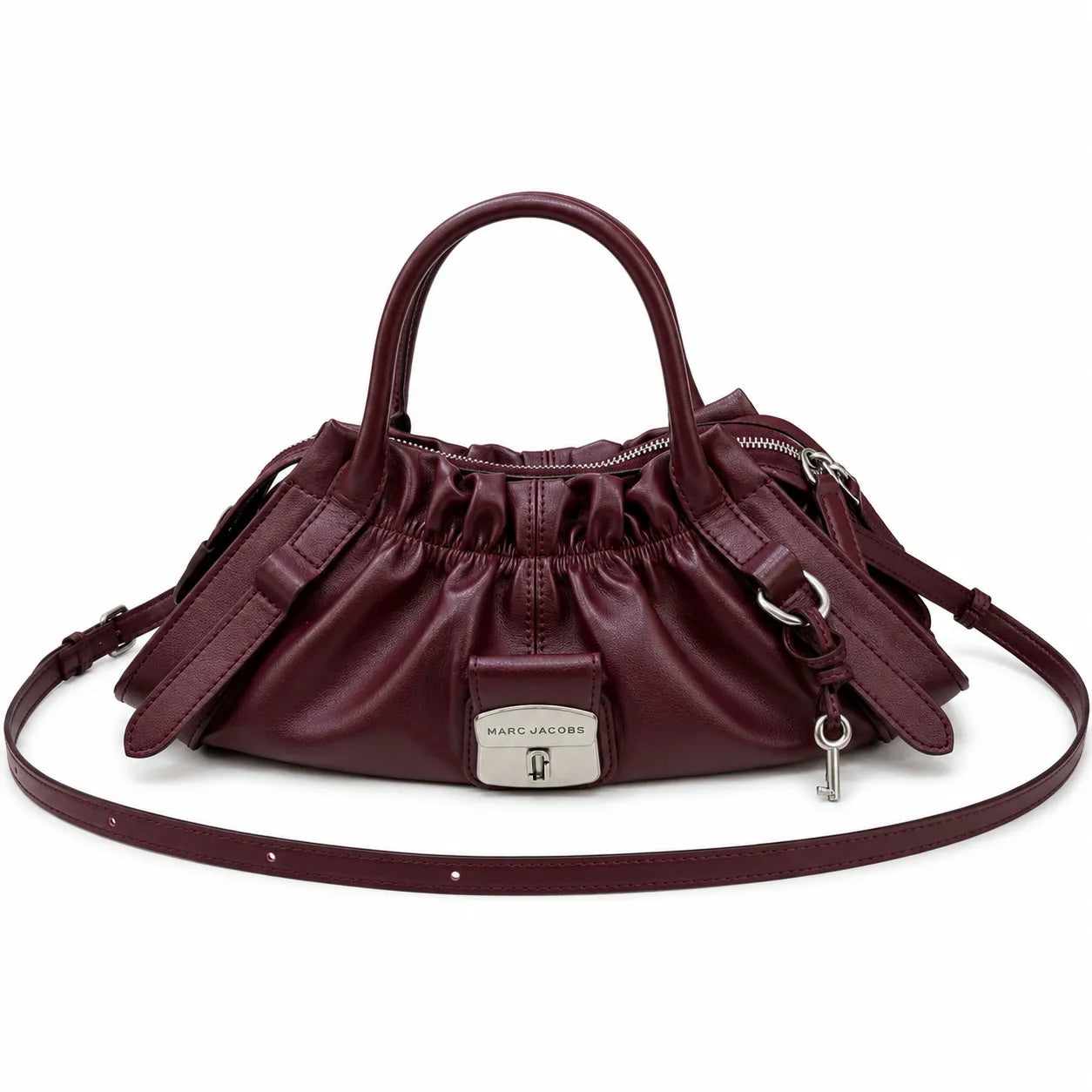 Marc Jacobs The Cristina Bag Burgundy Soft Leather Ruched Top-Handle Crossbody Bag with Silver Lock