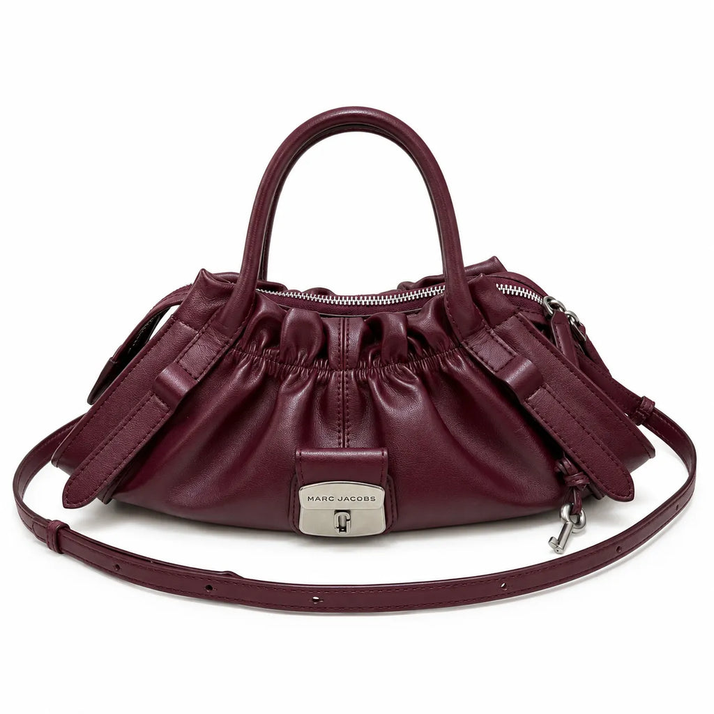 Marc Jacobs The Cristina Bag Burgundy Soft Leather Ruched Top-Handle Crossbody Bag with Silver Lock