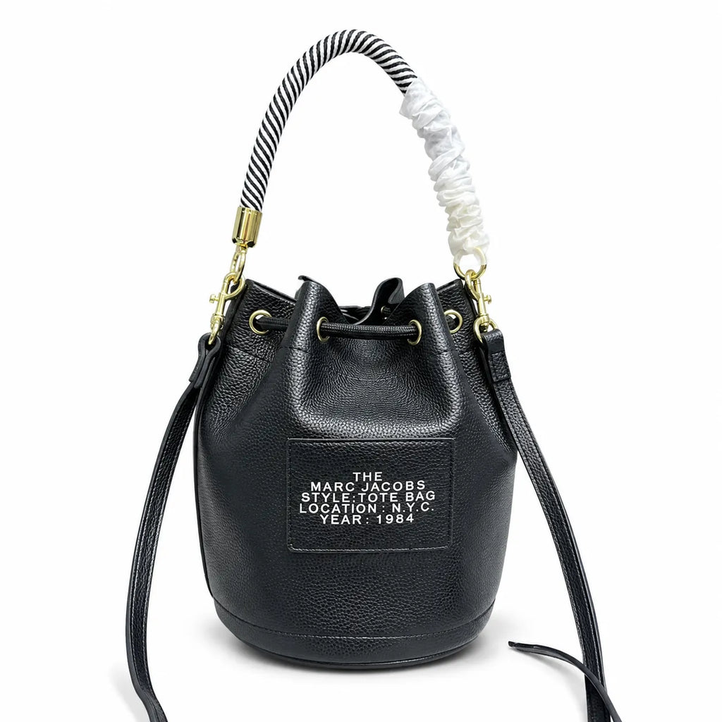 Marc Jacobs The Bucket Mini Bag Black Pebble-Grain Leather Drawstring Bucket Bag with Gold Hardware