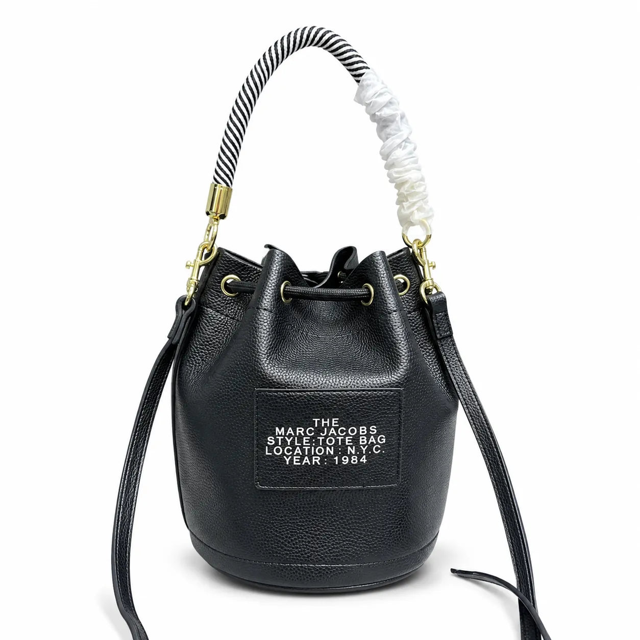 Marc Jacobs The Bucket Mini Bag Black Pebble-Grain Leather Drawstring Bucket Bag with Gold Hardware