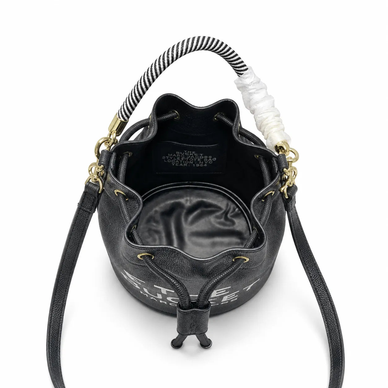 Marc Jacobs The Bucket Mini Bag Black Pebble-Grain Leather Drawstring Bucket Bag with Gold Hardware