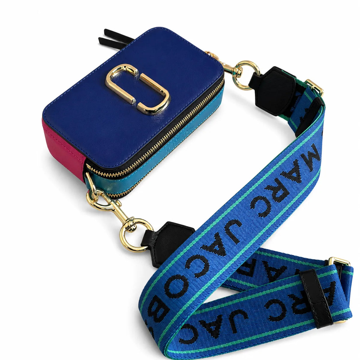 Marc Jacobs Snapshot Mini Blue Pink Colorblock Leather Camera Bag with Gold Double-J Buckle