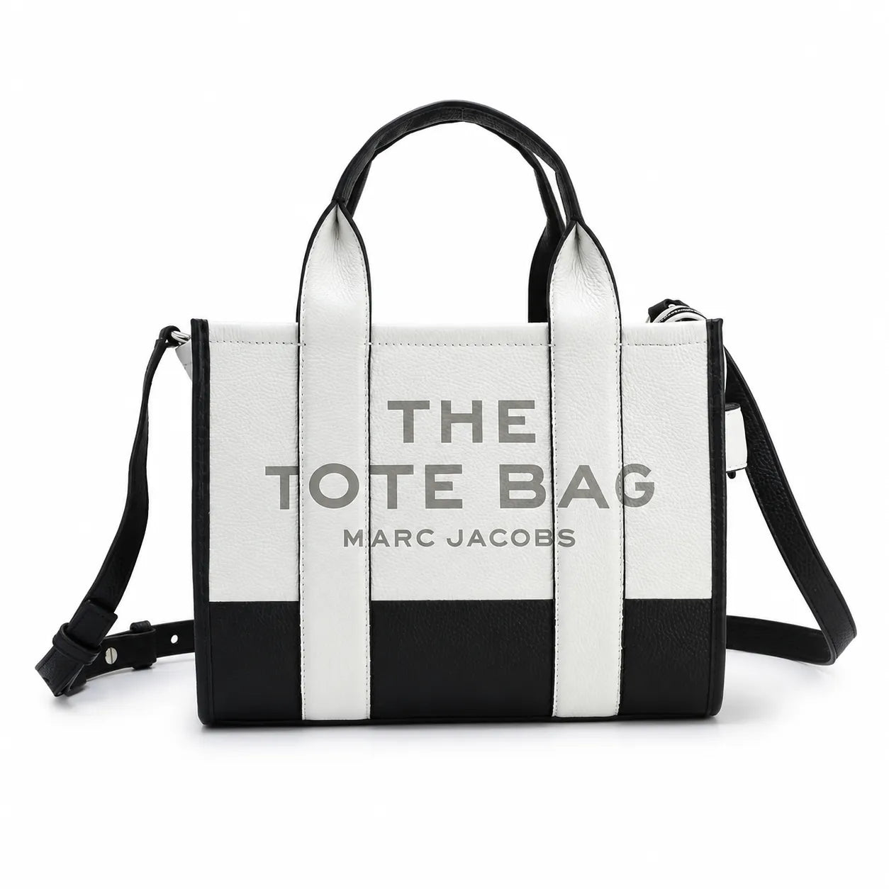 Marc Jacobs The Tote Bag Small Black & White Colorblock Pebble Leather Top-Handle Crossbody Bag with Embossed Logo