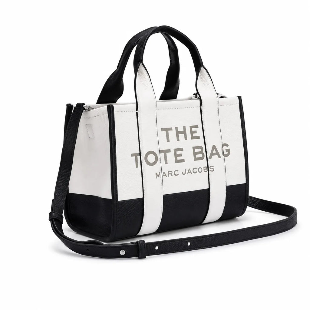 Marc Jacobs The Tote Bag Small Black & White Colorblock Pebble Leather Top-Handle Crossbody Bag with Embossed Logo