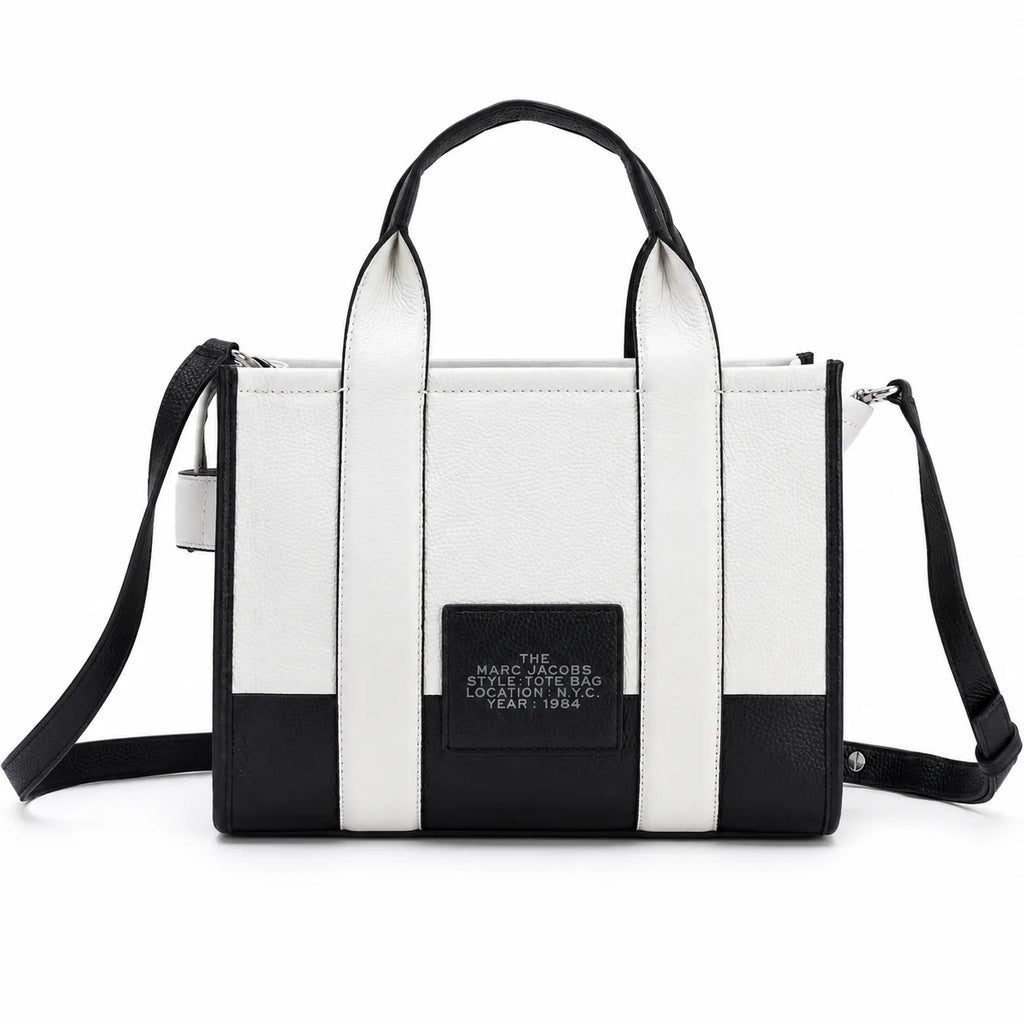 Marc Jacobs The Tote Bag Small Black & White Colorblock Pebble Leather Top-Handle Crossbody Bag with Embossed Logo