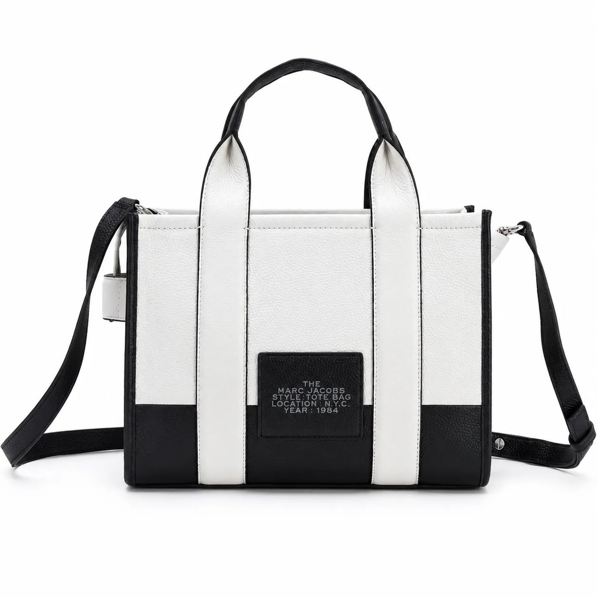 Marc Jacobs The Tote Bag Small Black & White Colorblock Pebble Leather Top-Handle Crossbody Bag with Embossed Logo