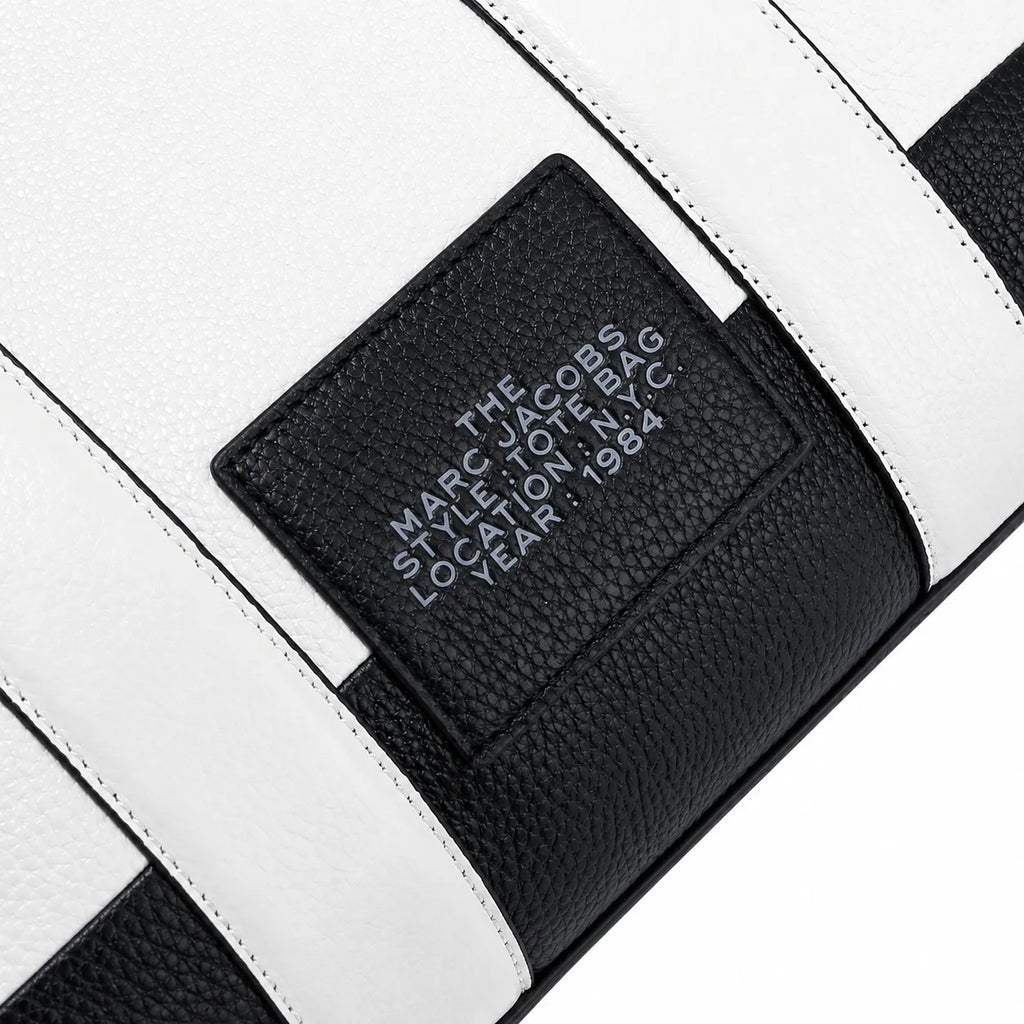 Marc Jacobs The Tote Bag Small Black & White Colorblock Pebble Leather Top-Handle Crossbody Bag with Embossed Logo