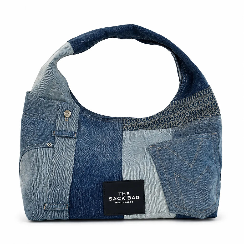Marc Jacobs The Sack Bag Medium Deconstructed Denim Patchwork Shoulder Bag with Embossed Logo