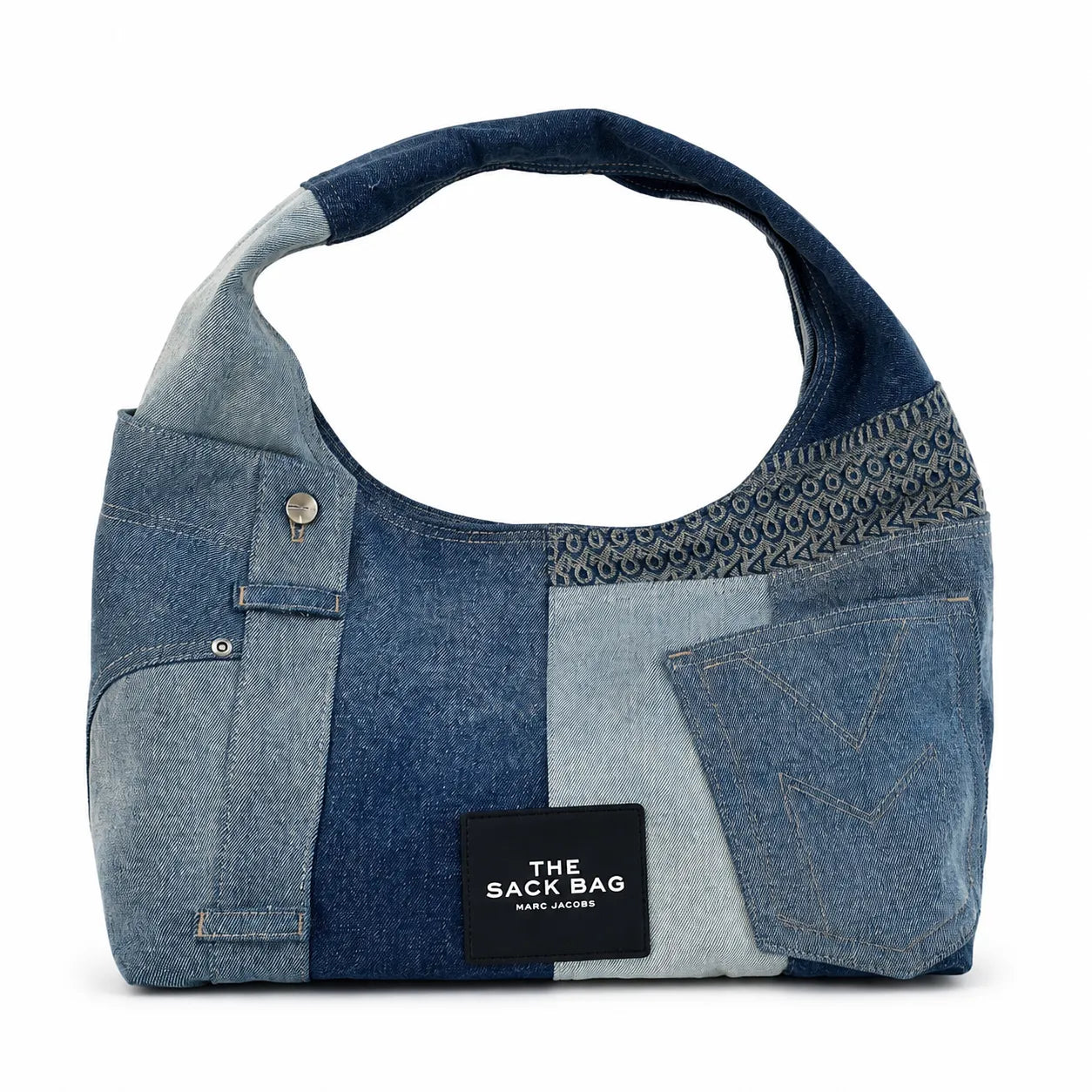 Marc Jacobs The Sack Bag Medium Deconstructed Denim Patchwork Shoulder Bag with Embossed Logo