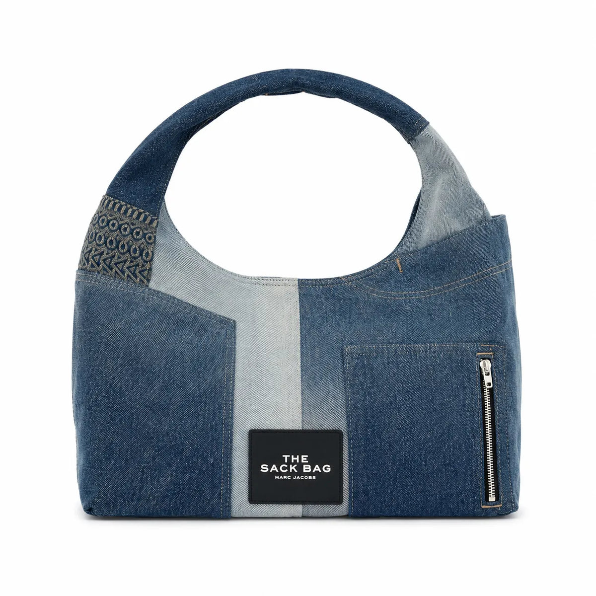 Marc Jacobs The Sack Bag Medium Deconstructed Denim Patchwork Shoulder Bag with Embossed Logo